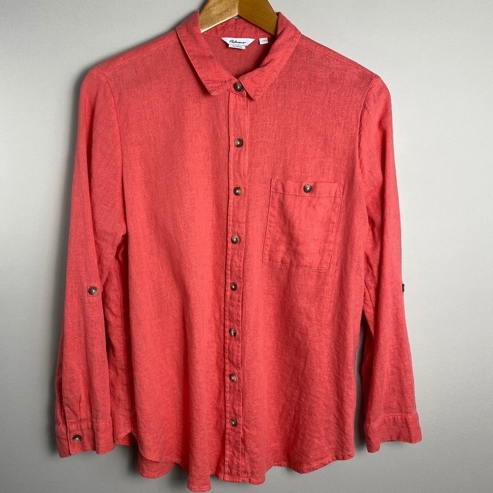 Reitmans Women's Coral Linen Blend Long‎ Sleeve Button Up Shirt Size Large Beach